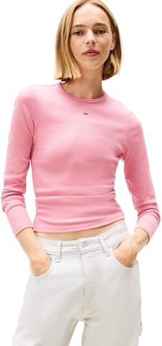 Image of Tommy Jeans Womens Tjw Slim Essential Rib Dw0dw17387 L/S T-Shirt, Pink (Mystic Pink), XXS UK
