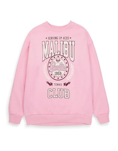 Image of Barbie Womens Sweatshirt in Pink | Oversized Fit Ladies Malibu Tennis Club 1959 Long Sleeve Graphic Jumper | Sports Crest Vintage Style Fashion Crewneck Sweater | Doll Movie Apparel Merchandise