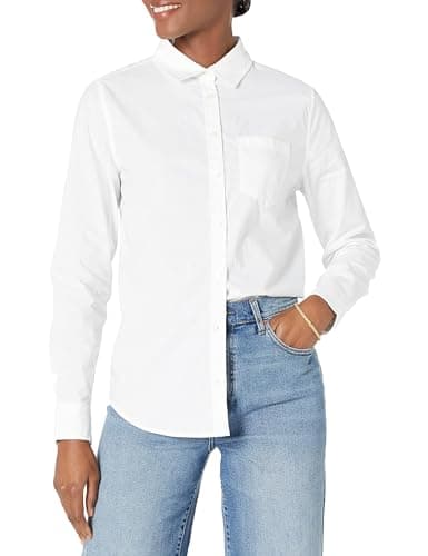 Image of Amazon Essentials Women's Classic-Fit Long-Sleeve Button-Down Poplin Shirt, White, Medium