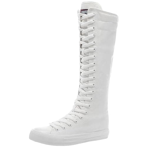 Image of Jamron Girls Women Fashion Knee High Lace-Up Canvas Boots Pure White Zip Dance Boots SN811 UK5
