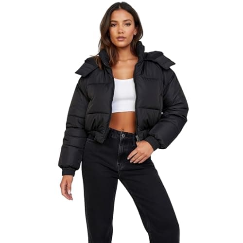 Image of kraftd Ladies Hooded Puffer Jacket – Women’s Winter Quilted Jacket with Hood, Lightweight Warm Padded Coat, Zip up Insulated Outerwear for Cold Weather Black - L (UK 14)