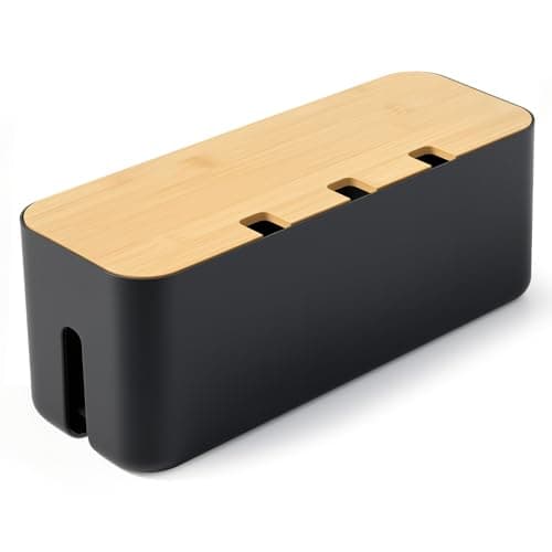 Image of Nymblis Cable Tidy Box, Cable Management Box for Wire Storage, Large Cable Organiser Box with Bamboo Lid, for Hiding Extension Power Strips and Cords from TV, Computers (Black)
