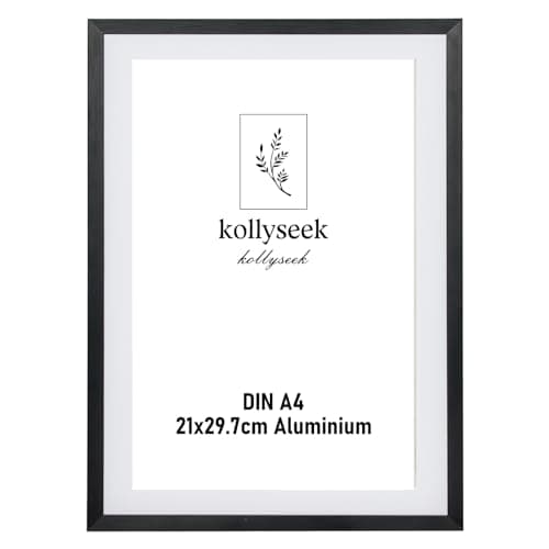 Image of kollyseek Photo Frame Aluminum Din A4 21x30cm Metal Poster Frame with Shatterproof Acrylic Glass Modern Display Picture Frame with Mount for Table Top/Wall Mounting (Black)