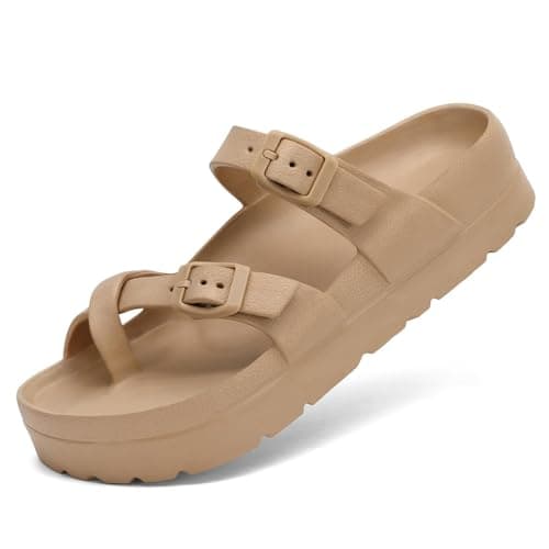 Image of Waysoland Women's Platform Sandals with Arch Support Comfortable Slides Thick Soles Flat Sandals With Adjustable Buckle & Ultra Cushion(Brown,7 UK)