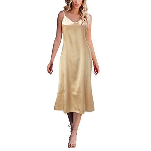 Image of Long Satin Nightdress - Nighties For Women Sleeveless Plus Size Satin Slip Silk Negligee V-Neck Tapered Waist Lightweight Breathable Night Dress Charming Sexy Sleepwear Casual Nightshirts Rose Gold