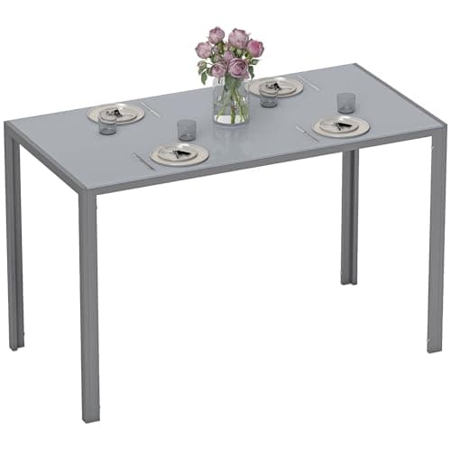 Image of HOMCOM 120cm Dining Table, Rectangle 4 Seater Kitchen Table with Tempered Glass Top and Metal Legs for Dining Room, Living Room (Chairs Not Included), Grey