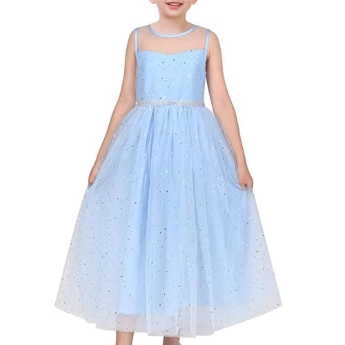 Image of Sunny Fashion Flower Girls Dress Pastel Blue Sequin Dotted Tulle Sheer Mesh Maxi Gown Pageant Age 14 Years