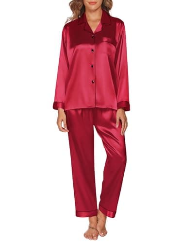 Image of GAESHOW Pjs for Women Sets, Silk Satin Pyjamas for Women Long Sleeve Button Down Ladies Pyjamas Two Piece Womens Pjs Sleepwear Loungewear Nightwear for Spring Summer Red