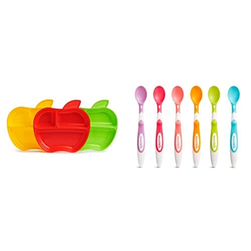 Image of Munchkin Lil' Apple Divided Toddler Plates, Pack of 3 & Soft Tip Infant Spoons, Pack of 6