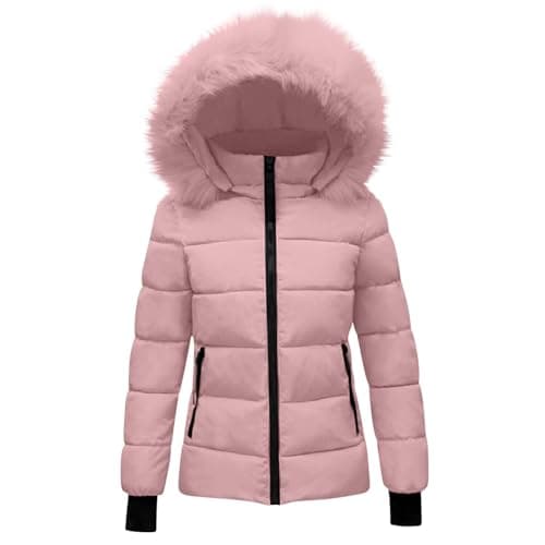 Image of Girls Waterproof Parka Coats Faux-Fur Hooded Long Puffer Jackets Teen Kids Winter Insulated Quilted Down Outwear (Pink, 11-12 Years)