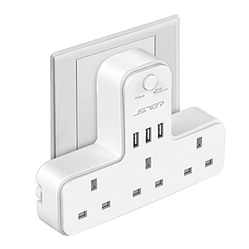 Image of Plug Adapter 3 Way with 3 USB Charging ports,JSVER Plugs Extension Sockets Wall Charger Adapter 13A UK Power Socket with Swithch for Bedroom,Office,Kitchen,White