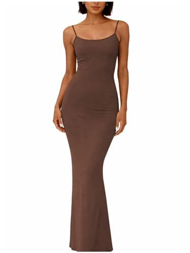 Image of OGBK Women's Bodycon Maxi Dress Square Neck Spaghetti Strap Summer Sexy Low Cut Casual Party Dress(Brown-R1,S)