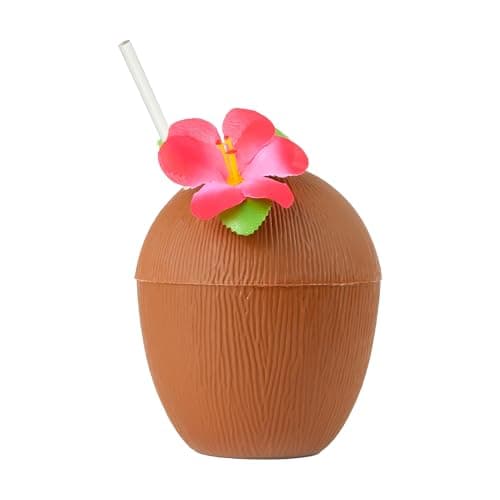 Image of Coconut Cup with Straw - Pack of 1 - Brown Coconut Drink Cup with Attached Red Flower and Paper Straw - Perfect for Summer Tropical Beach Parties, Luau, and Poolside Fun