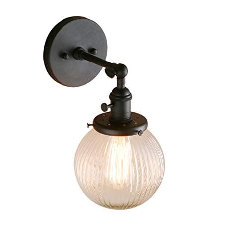 Image of PathsOn 15cm Industrial Modern Vintage Retro Wall Lights, Loft Bar Kitchen Sconce Lights Lamp Fixture with Ribbed Globe Clear Glass Light Shade (Black)