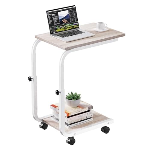 Image of SIMPDIY Side Table Height Adjustable Coffee End/Bedside Table with 4 Wheels for Sofa Bedroom Living Room Office, Suitable for Small Spaces, Stable, Heavy Duty Iron, White Oak