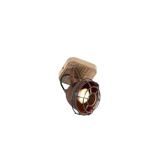 Image of Qazqa - Industrial Spotlight Ceiling Rust Brown with Wood tiltable - Gina- - Industrial - Suitable for LED GU10 | 1 Way Light - Steel Surface-Mounted spotway Light - Suitable for Kitchen I Bedroom I