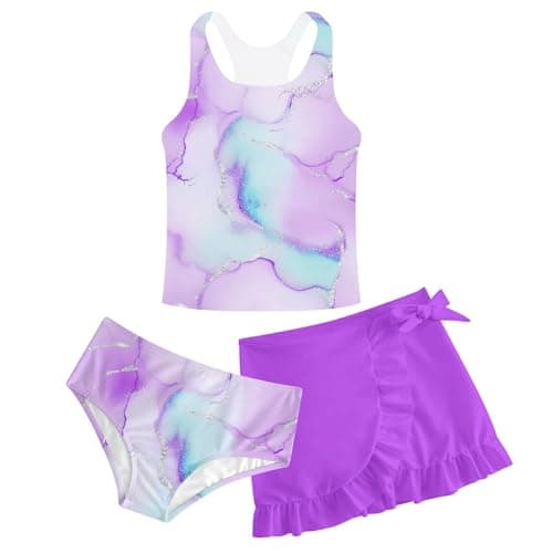 Image of ALISISTER Girls Bathing Suit 3 Piece Hawaii Bikini Set Beach Swimsuit with Cover Up Skirt Purple 10-11 Years