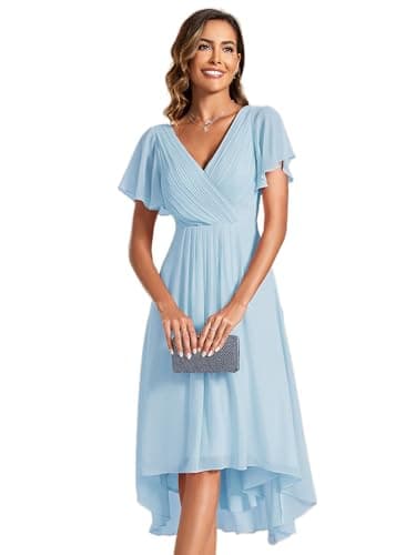 Image of Ever-Pretty Women's Formal Wedding Guest Dress V-Neck Ruffle Sleeve Chiffon Gown with Flowy High-Low Hem in Bridesmaid Prom Sky Blue 10