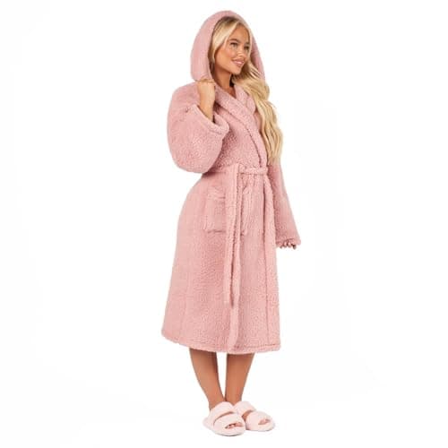 Image of OHS Teddy Fleece Dressing Gown Womens, Mothers Day Gifts Bathrobe with Hood & Pockets Soft Warm Comfy Luxury Oversized Fluffy Ladies Dressing Gowns, Blush Pink One Size