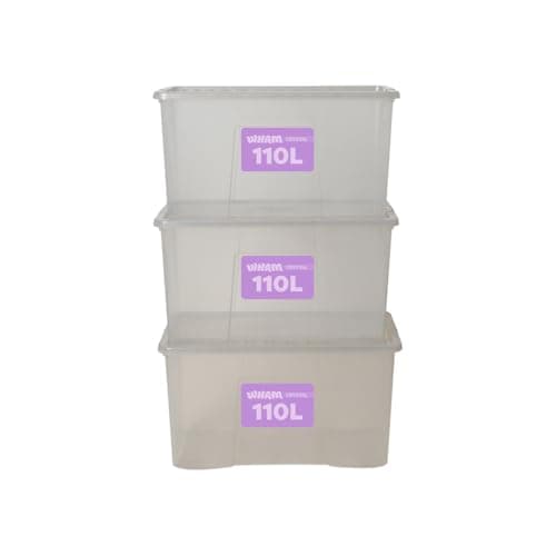 Image of Wham Plastic Storage Boxes With Lids 110 L Home Office Stackable Nestable Container Box, Easy fit Durable Protective Storage Box, 79.5 x 39.5 x 42 cm - Tint Grey (Set of 3)