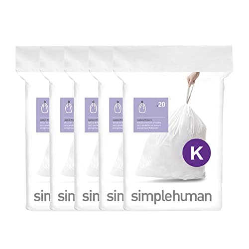 Image of simplehuman Code K 100 Liners, 50% Recycled Custom Fit Bin Bags in Dispenser Packs with Durable Drawstring Tie Handle, 35-45L, White