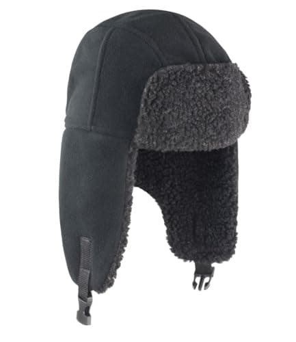 Image of Result Thinsulate 3M™ Sherpa Trapper Hat – Winter Fleece Warm Cap with Ear Flaps, Adjustable Snap Closure, Faux Lambswool Lining (Black, S-L)
