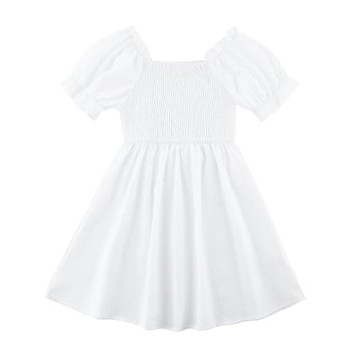 Image of KISLOVE Girls Dress Summer Square Neck Dresses Ruffled Puff Sleeve A-Line Skirt Kids Solid Color Casual Birthday Party Wedding, White 7-8 Years