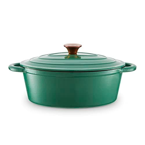 Image of Barbary & Oak BO800252GRN Oval Cast Iron Casserole Dish with Durable Enamel Interior, 29cm, Verdigris Green