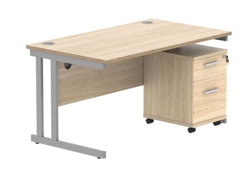 Image of LAB SPACE Office Desk with 2 Drawer Mobile Pedestal in an Oak Finish, Home Office Desk, Workstation, Cantilever Desk with Silver, White or Black Leg Frame (Silver Leg Frame, 140cm x 80cm)