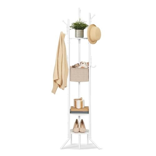 Image of HOOBRO Coat Stand, Coat Rack with 6 Support Legs and 9 Hooks, Freestanding Coat Stand with Storage Shelves, Clothes Stand for Entryway, 184cm Hall Trees Hat Stand for Hallway, Bedroom, White EWW45YM01