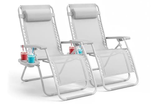 Image of KEPLIN Set of 2 Heavy Duty Zero Gravity Chairs – Padded Garden Recliners with Locking System, 160° Recline, Adjustable Pillow, Removable Tray with Cup & Phone Holders, 110kg Capacity (Light Grey)