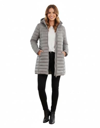 Image of kraftd Womens Winter Lightweight Puffer Jacket Quilted Padded Down Coat With Detachable Hood Central Zip Best for Autumn Winter, Outdoors & Travelling (Grey, 14)