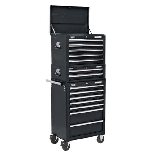 Image of Sealey APSTACKTB Topchest, Mid-Box & Rollcab Combination 14 Drawer with Ball Bearing Slides - Black