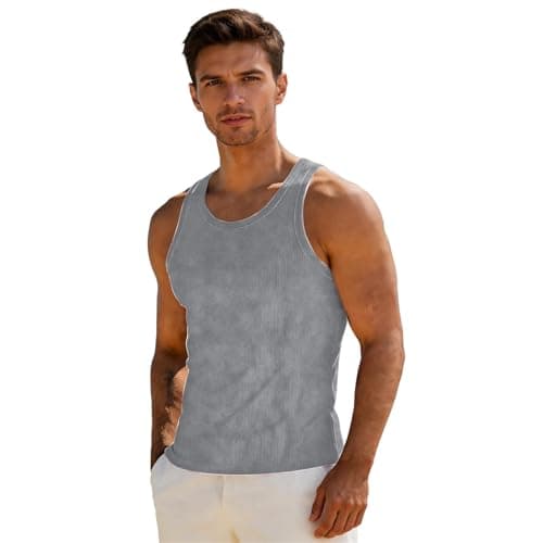 Image of Ribbed Vests Men Workout Tank Tops Cotton Stretch Sleeveless Classic Shirts Crew Neck Slim Fit Vests Soft Comfortable Lightweight Breathable Tees for Bodybuilding, Gym, Running, Training Grey