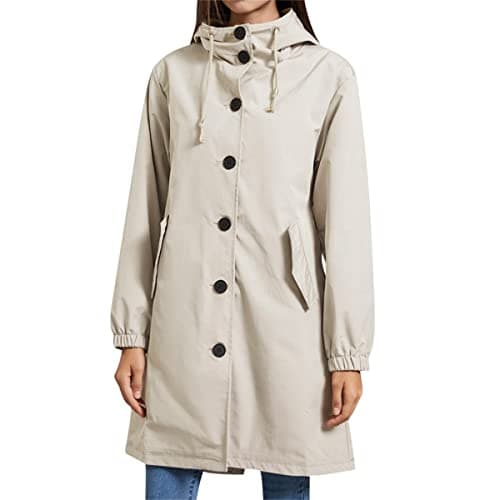 Image of YFFUSHI Women's Length Lightweight Jacket with Hood - All Weather Windbreaker Coat for Women,Khaki,M