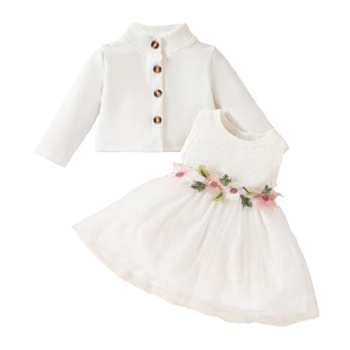 Image of JiAmy Baby Girls Dress Outfits Sleeveless Floral Print Tulle Tutu Dresses Long Sleeve Waffle Cardigan Coat 2Pcs Clothes Set for Toddler Girl 9-12 Months White