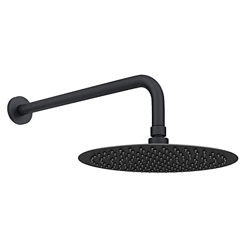 Image of ENKI, RA068, Contemporary Wall Fixed Round Ultra Slim Stainless Steel Shower Head 12" with Shower Arm - Matte Black