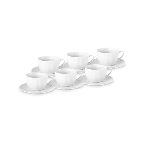 Image of KARACA Seashell 12-Piece Porcelain Tea Cup & Saucer Set for 6, 200ml, Elegant Tea Cup Set with White Fluted Design, Ideal for Hot Beverages & Coffee