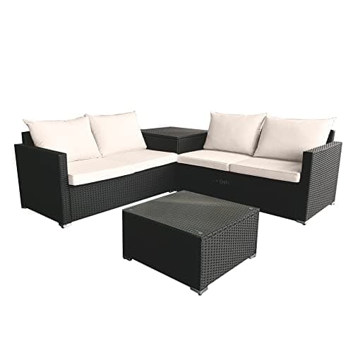 Image of Panana Rattan Garden Furniture Corner Sofa Set with Storage Box, 4 Seater Outdoor Sofa with Cushions, Coffee Table & Free Cover for Patio Garden Conservatory (Black Rattan with Beige Cushions)