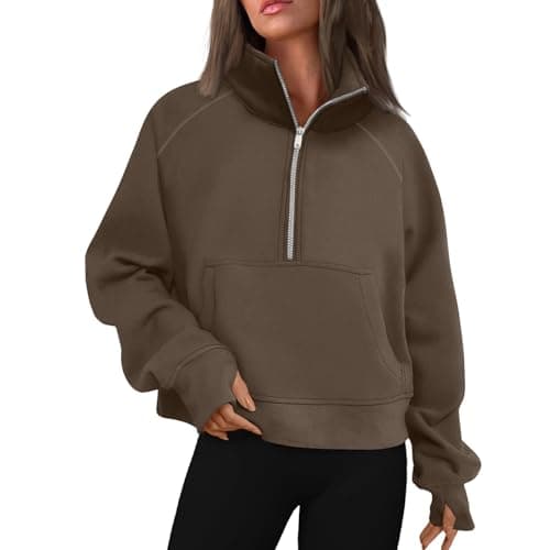 Image of SOOUICKER Womens Half Zip Sweatshirt Fleece Lined Sweatshirts for Women Gym Plain Hoodie Casual Loose Fit Pullover Sweatshirt with Pocket Brown