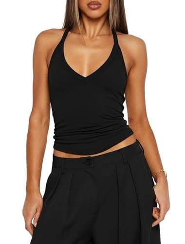 Image of Navneet Women Ribbed Camisole Tops Halter Neck Vest Tops Racer Back Crop Tank Top Basic Going Out Black S