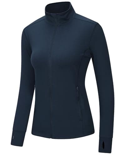 Image of Outdoor Ventures Womens Running Jacket Long Sleeve Sports Jacket Lightweight Breathable Quick Dry Sweatshirt for Fitness Training Cycling with Zip Side Pocket and Thumb Holes Dark Blue S