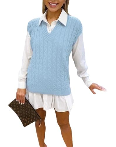 Image of WeaAll Ladies Cable Knit Sleeveless Vest Women's Knitted Jumper Tank Top Winter Chunky Sweaters Sky Blue 12-14