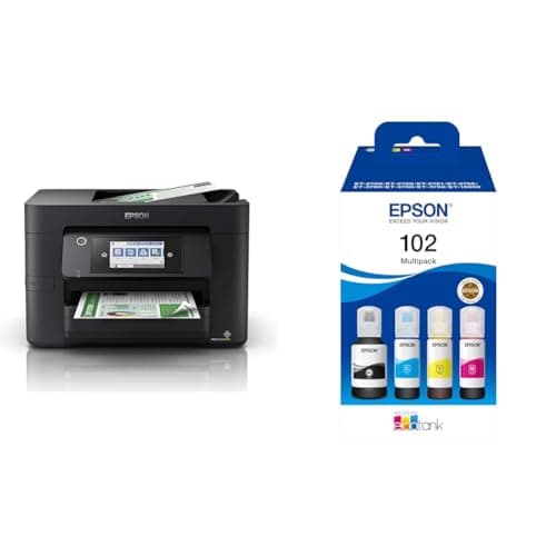 Image of Epson WorkForce WF-4820 All-in-One Wireless Colour Printer with Scanner, Copier, Fax, Ethernet, Wi-Fi Direct and ADF, Black & EcoTank 102 Genuine Multipack Ink Bottles