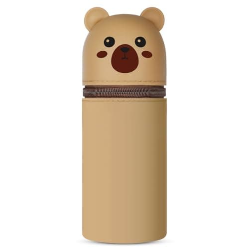 Image of Vicloon Pencil Case, Bear Pencil Case in Soft Silicone, 2 in 1 Silicone Pouches Big Capacity Pencil Case and Desk Pen Holder, Retractable Capacity, Zipper Closure (Brown)