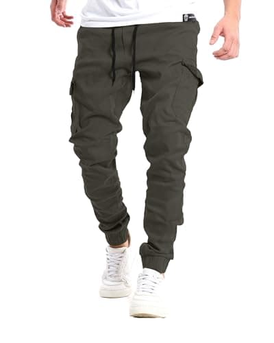 Image of YAOHUOLE Cargo Pants Men Slim Fit Cargos Jogging Trousers Solid Cargo Joggers for Men UK Cuffed Combat Work Pants Elastic Waist Dark Grey XL