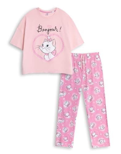 Image of Disney The Aristocats Marie Womens Pink Short Sleeve Long Leg Pyjama Set | Cartoon Print Sleepwear with 'Bonjour!' Slogan | Retro Loungewear for Nighttime Merch - Small