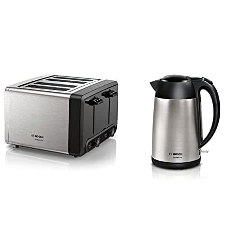 Image of Bosch DesignLine Plus TAT4P440GB 4 Slot Stainless Steel Toaster with variable controls - Stainless Steel & TWK3P420GB Kettle, Stainless Steel, 3000 W, 1.7 liters, Silver