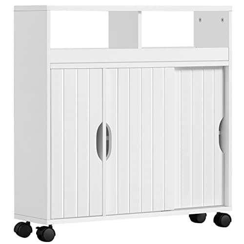 Image of Yaheetech Slim Bathroom Storage Cabinet on Wheels, Slimline Freestanding Cabinet with Sliding Doors, Narrow & Compact Toilet Paper Roll Holder with Open Shelf, White