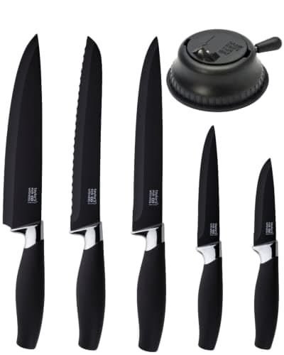 Image of Taylors Eye Witness 5pc Kitchen Knife Gift Set - Brooklyn Chrome Coloured Bolsters, Matching Razor Sharp Jet Black Blades. Soft Grip Handles. 2yr Peace of Mind. Extra Sharpener for Knives